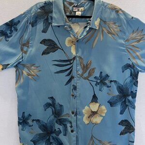 Caribbean Joe Mens XXL Silk Hawaiian Shirt Blue Floral Button Up Camp Aloha Luau